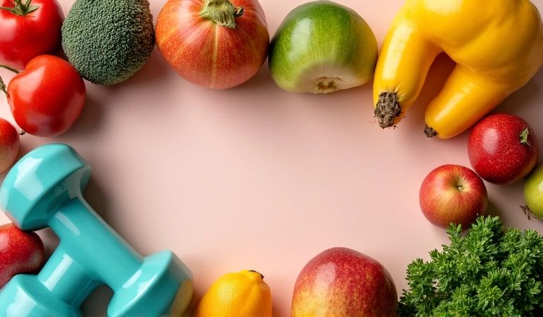 Zdrowe jedzenie i hantle, symbolizujące zbilansowaną dietę i aktywność fizyczną.